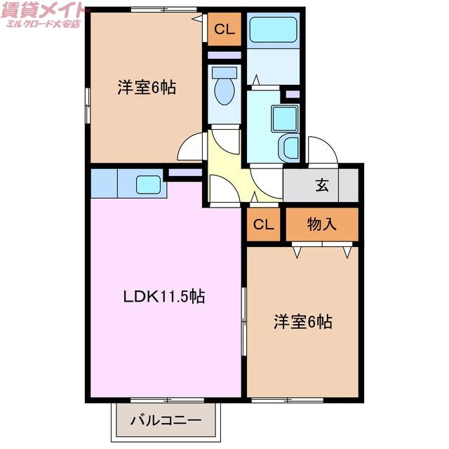 グランモアJ B棟(2LDK/2階)の間取り写真