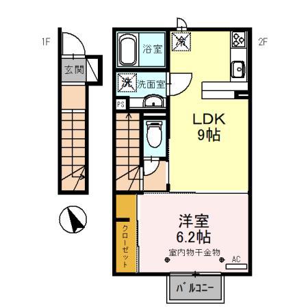 グレーシアタウン木崎 B棟(1LDK/2階)の間取り写真