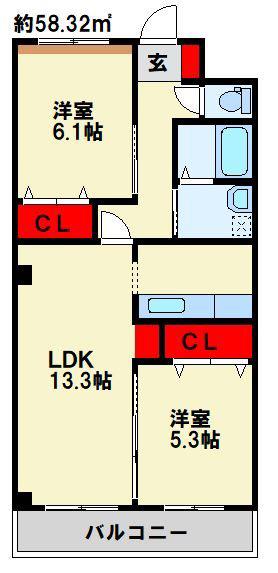 EXCELLENT 街角 参番館(2LDK/2階)の間取り写真
