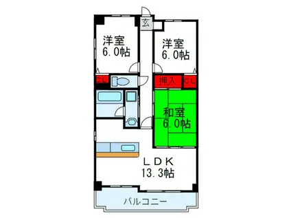 和マンション(3LDK/3階)の間取り写真