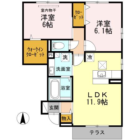 ヴィラージュ B棟(2LDK/1階)の間取り写真