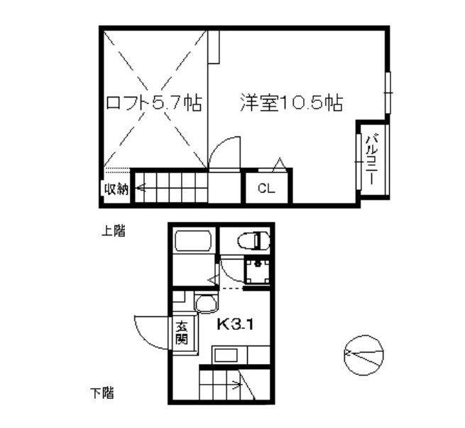 ポラリス西の丘(1K/2階)の間取り写真