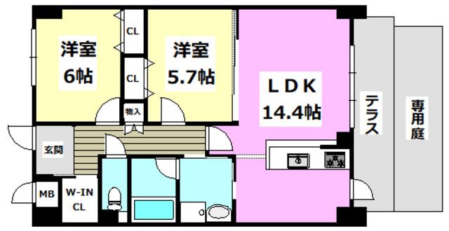 CRYSTAL SUITA TAKAHAMA(2LDK/1階)の間取り写真