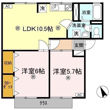 エバーグリーンA棟(2LDK/1階)の間取り写真