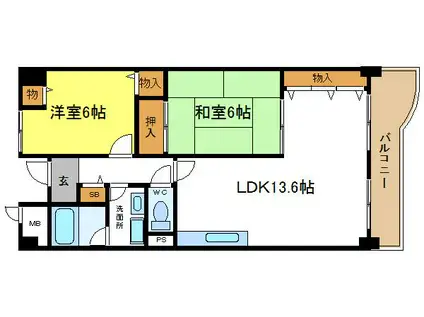 パークシャトー平野白鷺(2LDK/6階)の間取り写真