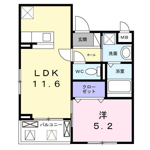 ソレイユ八条春日(1LDK/2階)の間取り写真