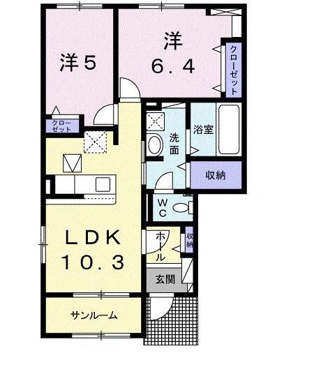 オビーガーデン三次 B棟(2LDK/1階)の間取り写真