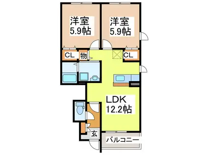 グリーンアベニュー W(2LDK/1階)の間取り写真
