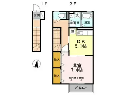 インカーサ36(1DK/2階)の間取り写真