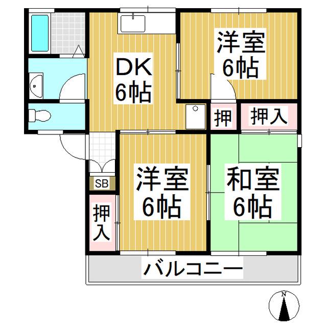 グリーンタウン三輪A棟(3DK/2階)の間取り写真