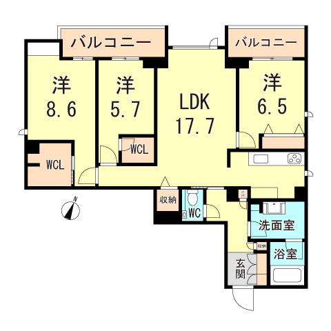 VIA SOLE 六甲道(3LDK/3階)の間取り写真