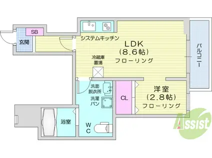 メリディアン多賀城南宮 弐番館(1LDK/3階)の間取り写真