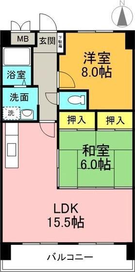 鶴陽明ハイツ(2LDK/2階)の間取り写真