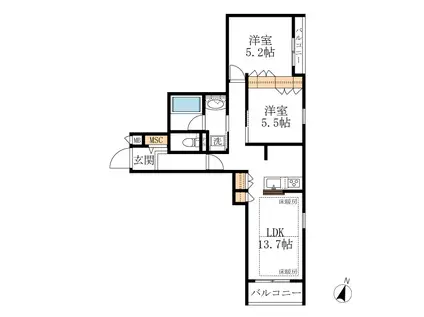 TRISQUARE北糀谷 トライスクエア(2LDK/3階)の間取り写真