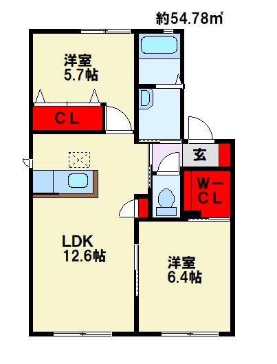 シャーメゾンなるみずB(2LDK/2階)の間取り写真