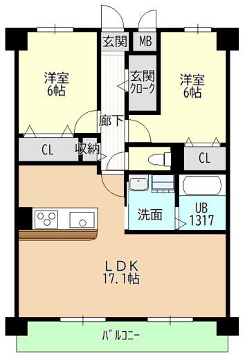 ヒルザコートII(2LDK/2階)の間取り写真