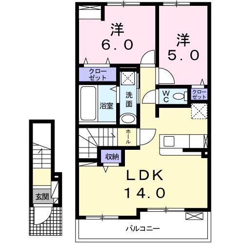 リリイズガーデン オカリヤA(2LDK/2階)の間取り写真