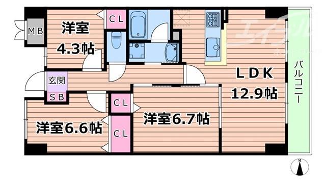 インプルーブ緑地公園(3LDK/6階)の間取り写真