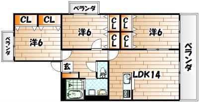 S・E天籟寺マンション(3LDK/8階)の間取り写真