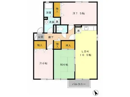 第5グリーンハイツ B棟(3LDK/1階)の間取り写真