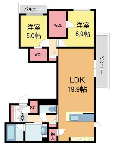 RIO BREZZA 芦屋(2LDK/2階)の間取り写真