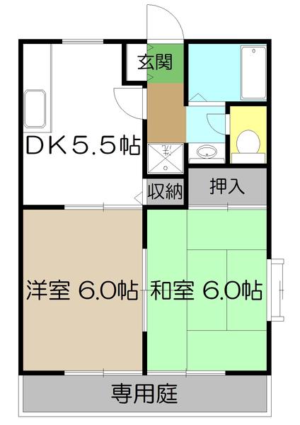 ピースフルハウス桂(2DK/1階)の間取り写真