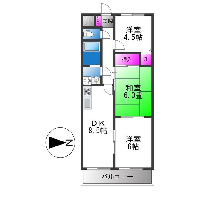 パストラル横小路(3DK/3階)の間取り写真
