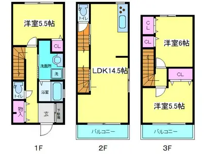 阪堺電気軌道阪堺線 我孫子道駅 徒歩4分 3階建 築9年(3LDK)の間取り写真