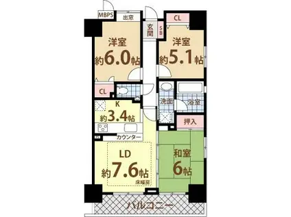 ライオンズマンション阿波座(3LDK/5階)の間取り写真