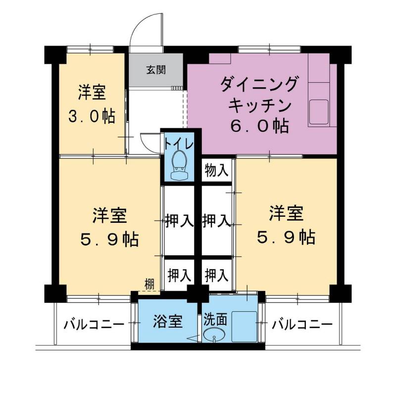 ビレッジハウス葛ノ葉 6号棟(3DK/2階)の間取り写真