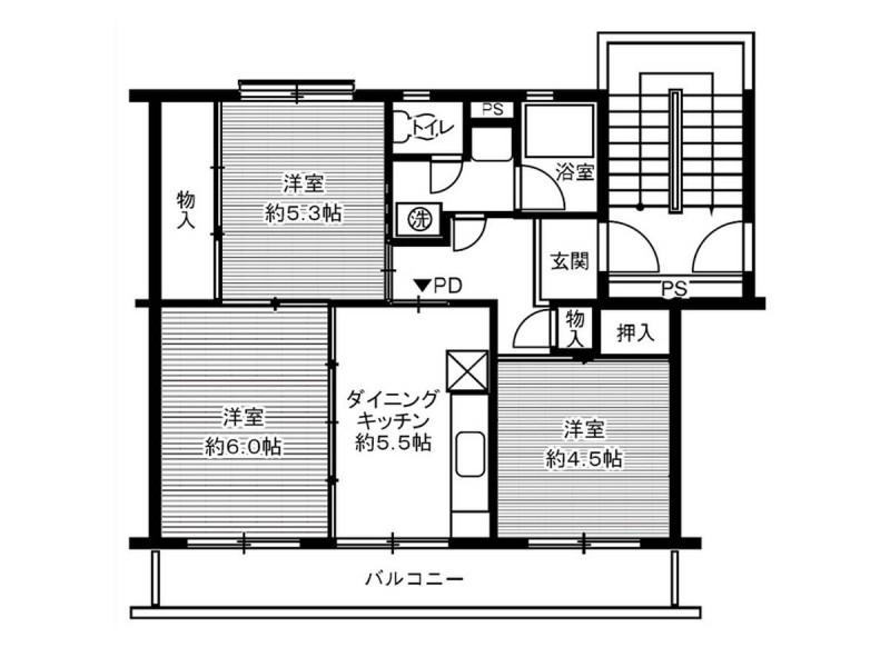 ビレッジハウス笹川109号棟(3DK/4階)の間取り写真