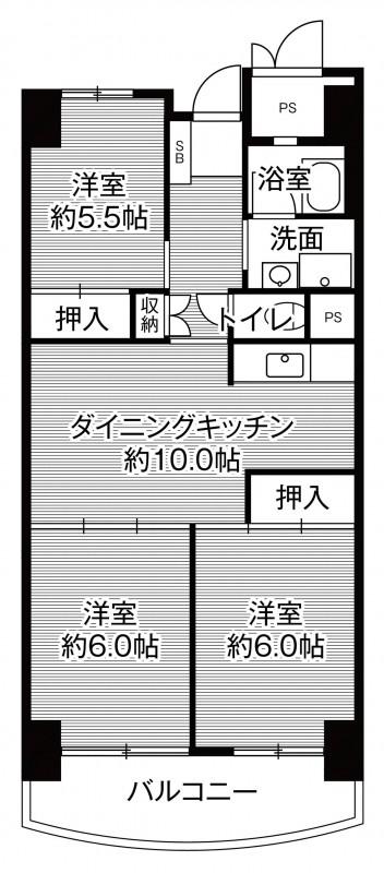 ビレッジハウス香椎浜タワー1号棟(3DK/9階)の間取り写真