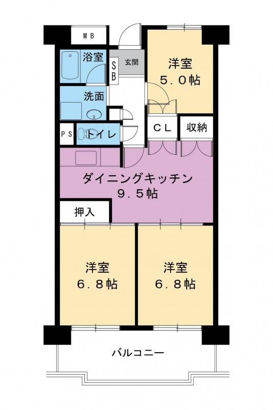 ビレッジハウス高美が丘タワー1号棟(3DK/5階)の間取り写真