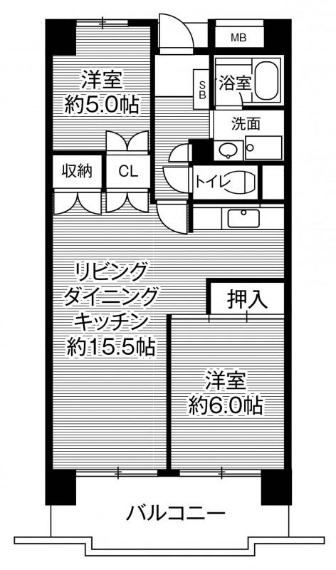 ビレッジハウス高美が丘タワー1号棟(2LDK/4階)の間取り写真