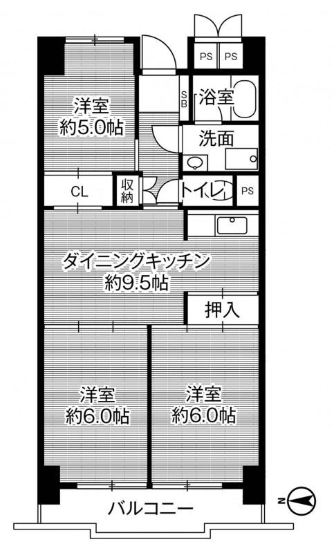ビレッジハウス木場タワー1号棟(3DK/3階)の間取り写真