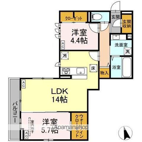 DーROOM六十人町 B(2LDK/1階)の間取り写真