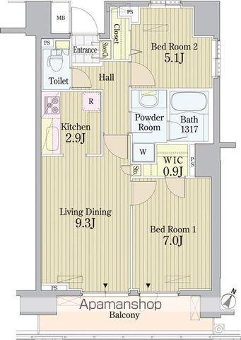 PRIME URBAN 東中野 COURT(2LDK/4階)の間取り写真