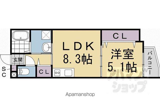 フェリーチェ深草(1LDK/3階)の間取り写真