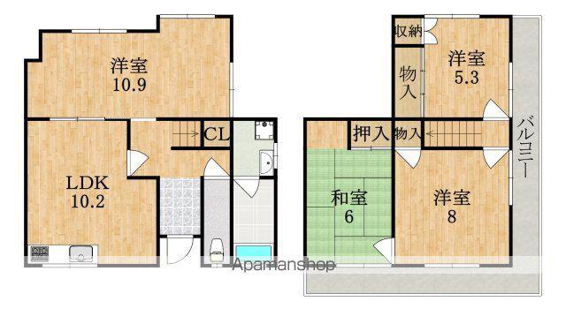 近鉄難波・奈良線 学園前駅(奈良) 徒歩17分 2階建 築62年(4LDK)の間取り写真