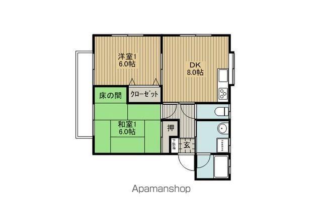 レジデンスWING B棟(2DK/1階)の間取り写真