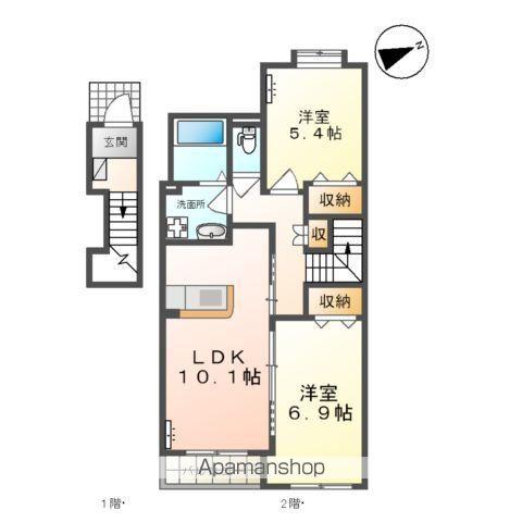 奥羽本線 かみのやま温泉駅 バス乗車時間：4分 河崎温泉口バス停で下車 徒歩2分 2階建 築4年(2LDK/2階)の間取り写真