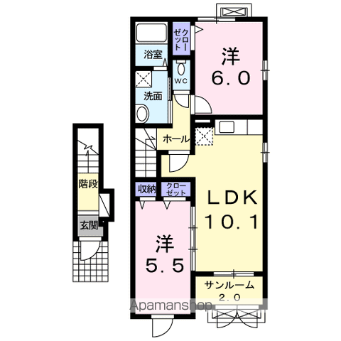 福井鉄道福武線 西鯖江駅 バス乗車時間：4分 有定町２丁目バス停で下車 徒歩4分 2階建 築15年(2LDK/2階)の間取り写真