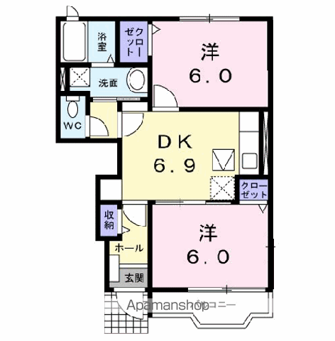 東北本線 矢吹駅 徒歩8分 2階建 築22年(2DK/1階)の間取り写真
