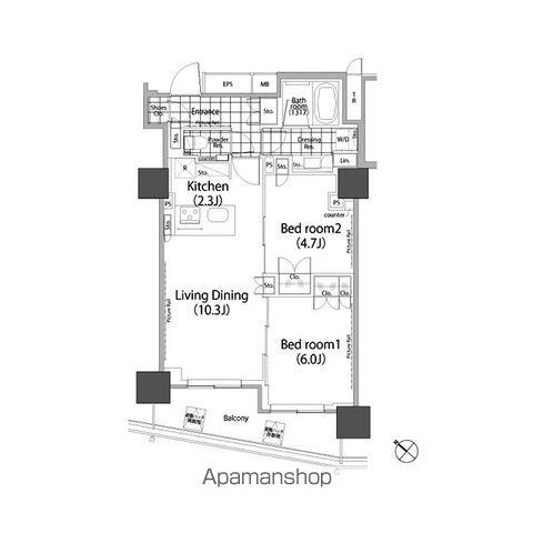 パークハビオ赤坂タワー(2LDK/21階)の間取り写真