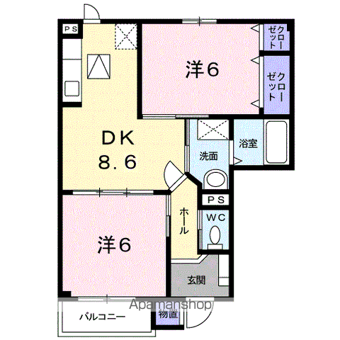 サンヒルズB(2DK/1階)の間取り写真