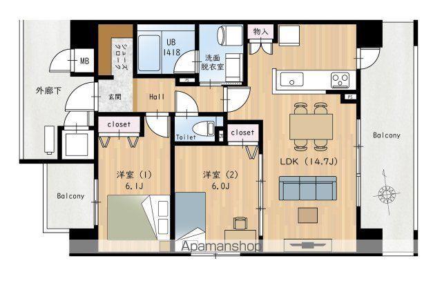 那珂川ヒルズ(2LDK/4階)の間取り写真