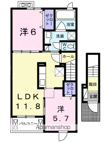 常磐線 牛久駅 バス乗車時間：8分 柏田入口バス停で下車 徒歩6分 2階建 築11年(2LDK/2階)の間取り写真