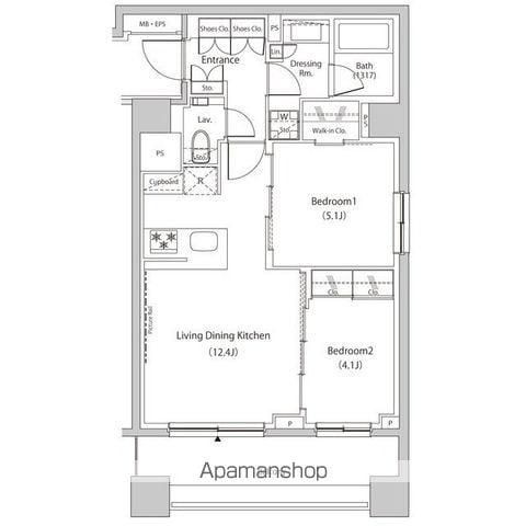 ザ・パークハビオ目黒プレイス(2LDK/4階)の間取り写真