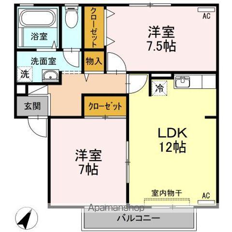 ハイカムール田中 B棟(2LDK/1階)の間取り写真