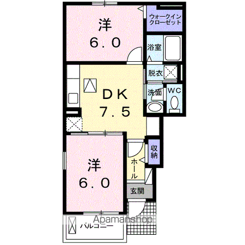 ヒルズ上弓削Ⅲ(2DK/1階)の間取り写真